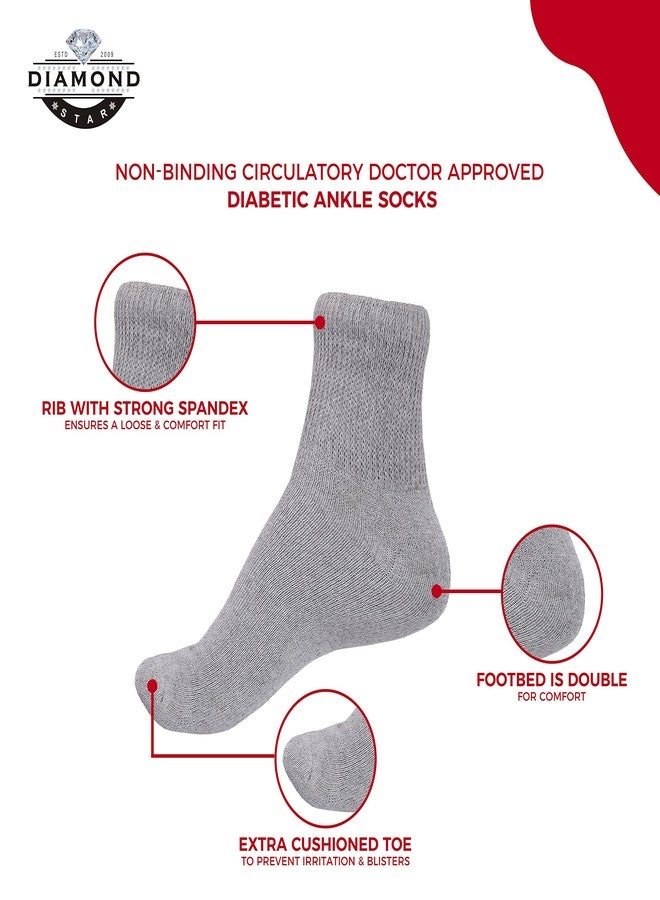 Diamond Star Diabetic Ankle Socks, Non-Binding Circulatory Doctor Approved Cushion Cotton Quarter Socks for Men’s Women’s 3,6,12 Pack (6 Pack Grey, 10-13) - Image 3